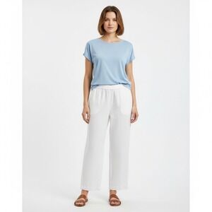 J Jill 100% Linen Wide Leg Pants Women Medium Petite White Elastic Waist Pull On